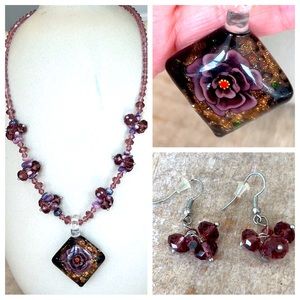 NEXKLACE AND EARRING SET purple and gold handmade glass and resin flowers